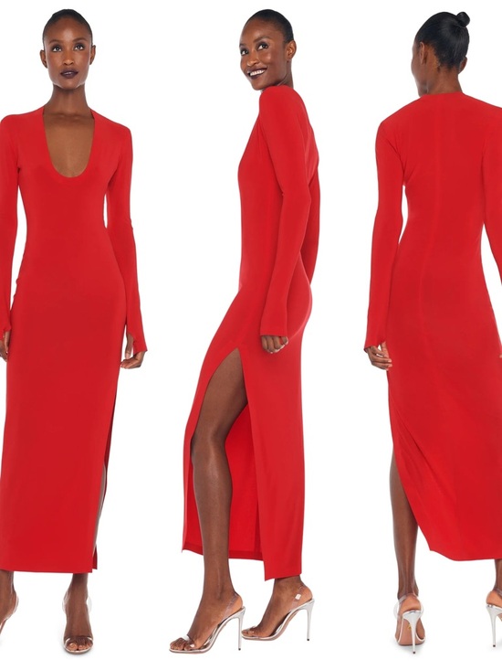 Norma Kamali Dresses & Skirts - Norma Kamali Tiger Red Deep V Long Sleeve Side Slit Maxi Dress Small